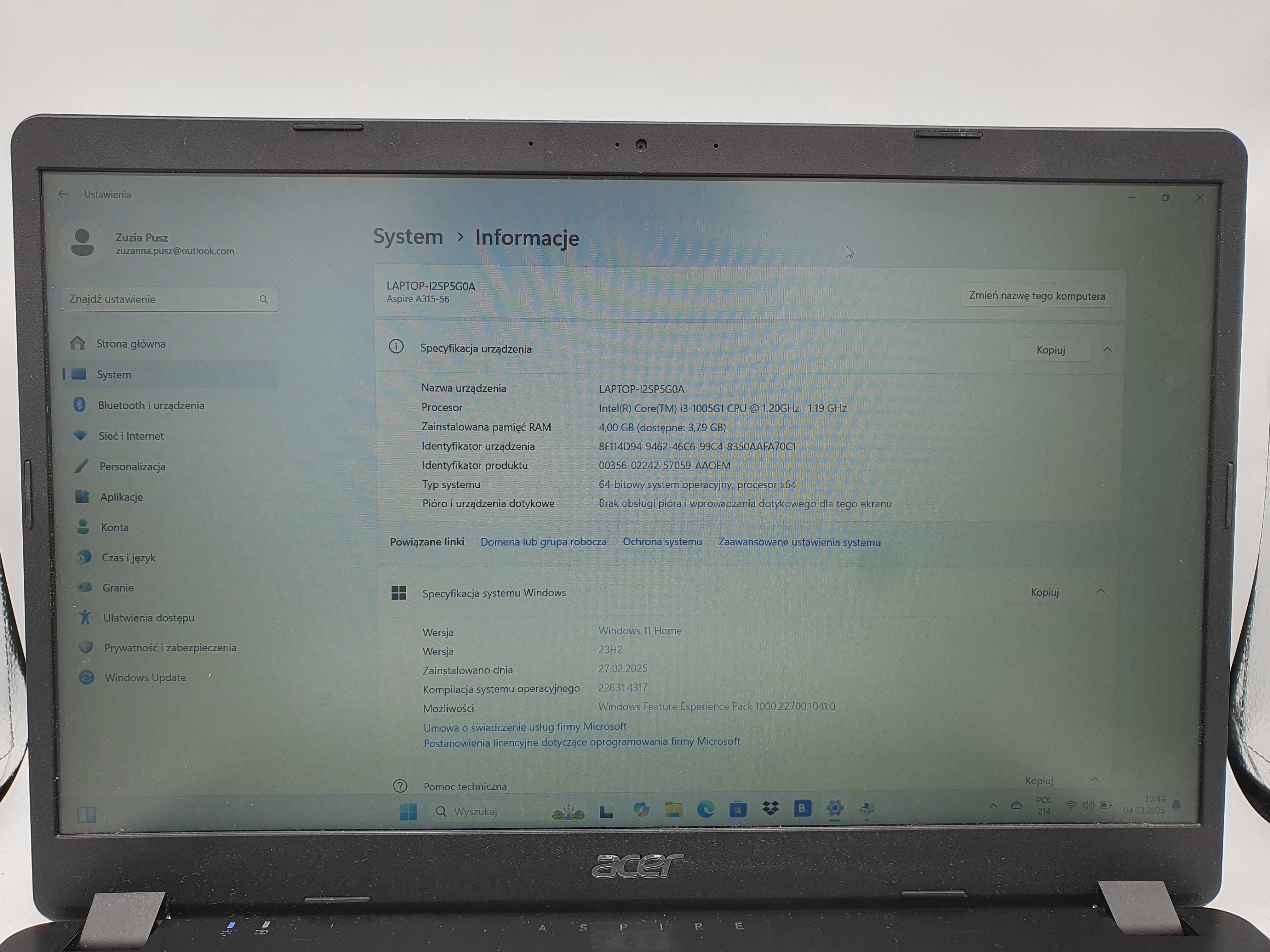 Laptop Acer ASPIRE 3 N19C1 15,6 " Intel Core i3 4 GB / 256 GB czarny