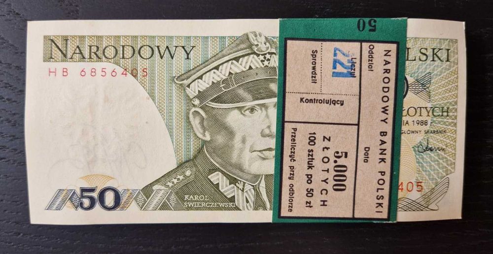 Paczka bankowa 100 x 50 zł Karol Świerczewski 1988r HB.