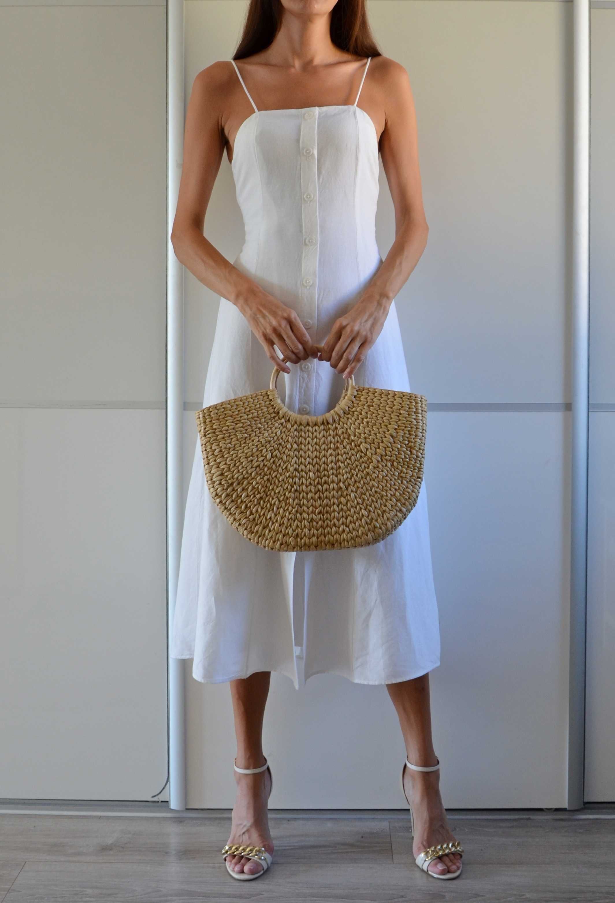 Oysho długa biała lniana sukienka len linen old money style 36 S
