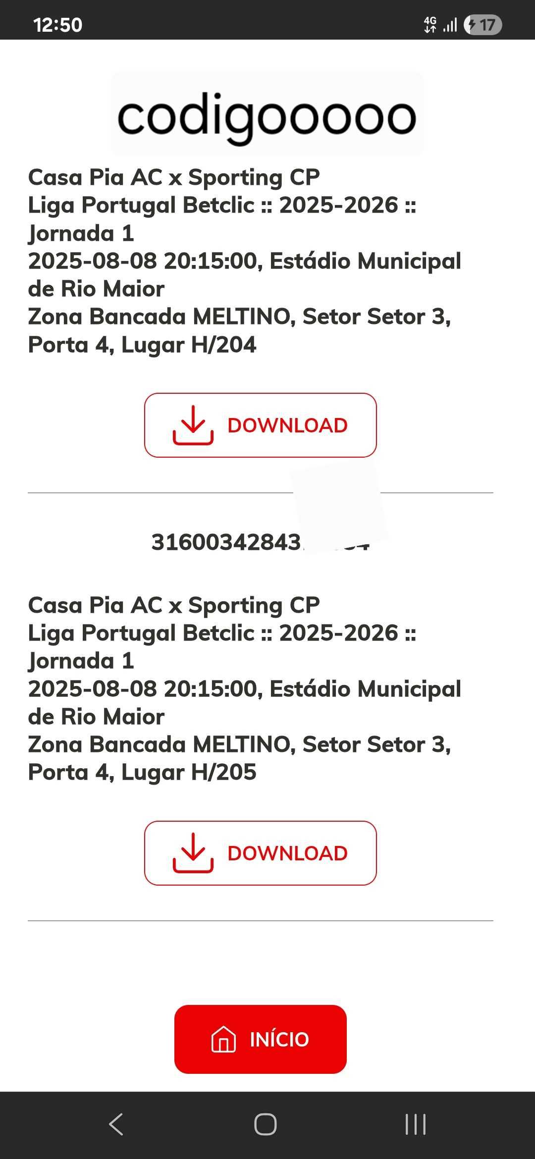 Bilhete jogo casa pia e sporting