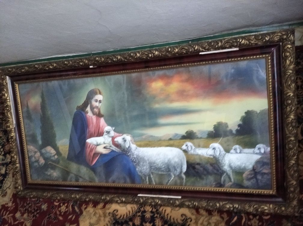 Stary duży religijny obraz Jezus z barankami