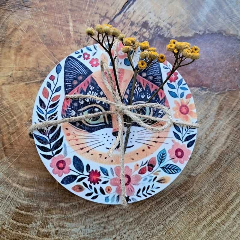 Leśne drewniane boho etno podkładki pod szklanki kubki koty zestaw 6