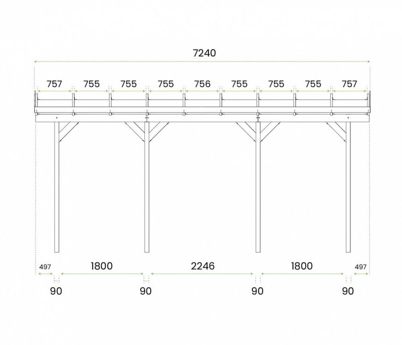 Wiata przyścienna garażowa drewniana 350 x 724 cm
