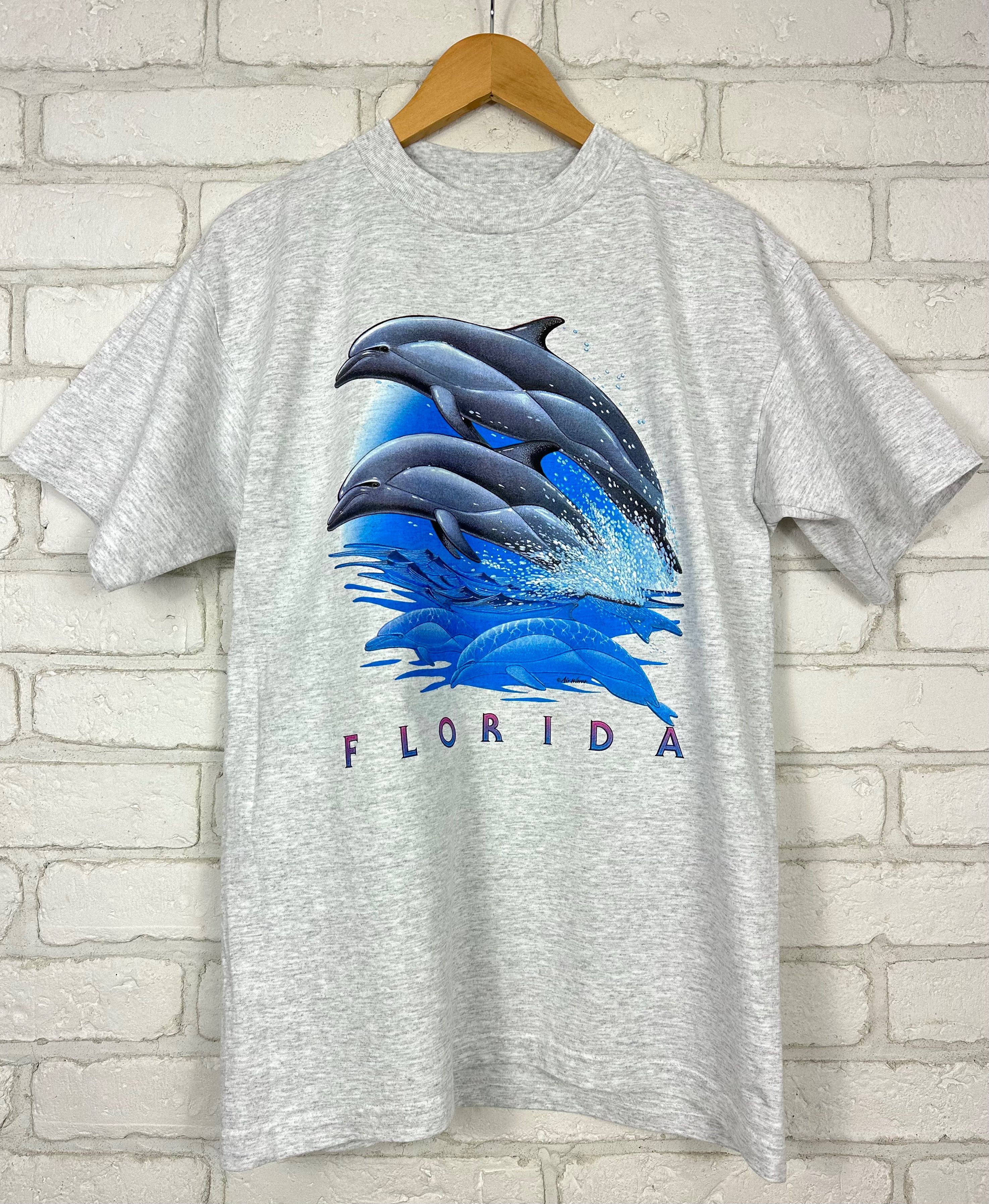 T-shirt vintage z motywem delfinów; single stitch