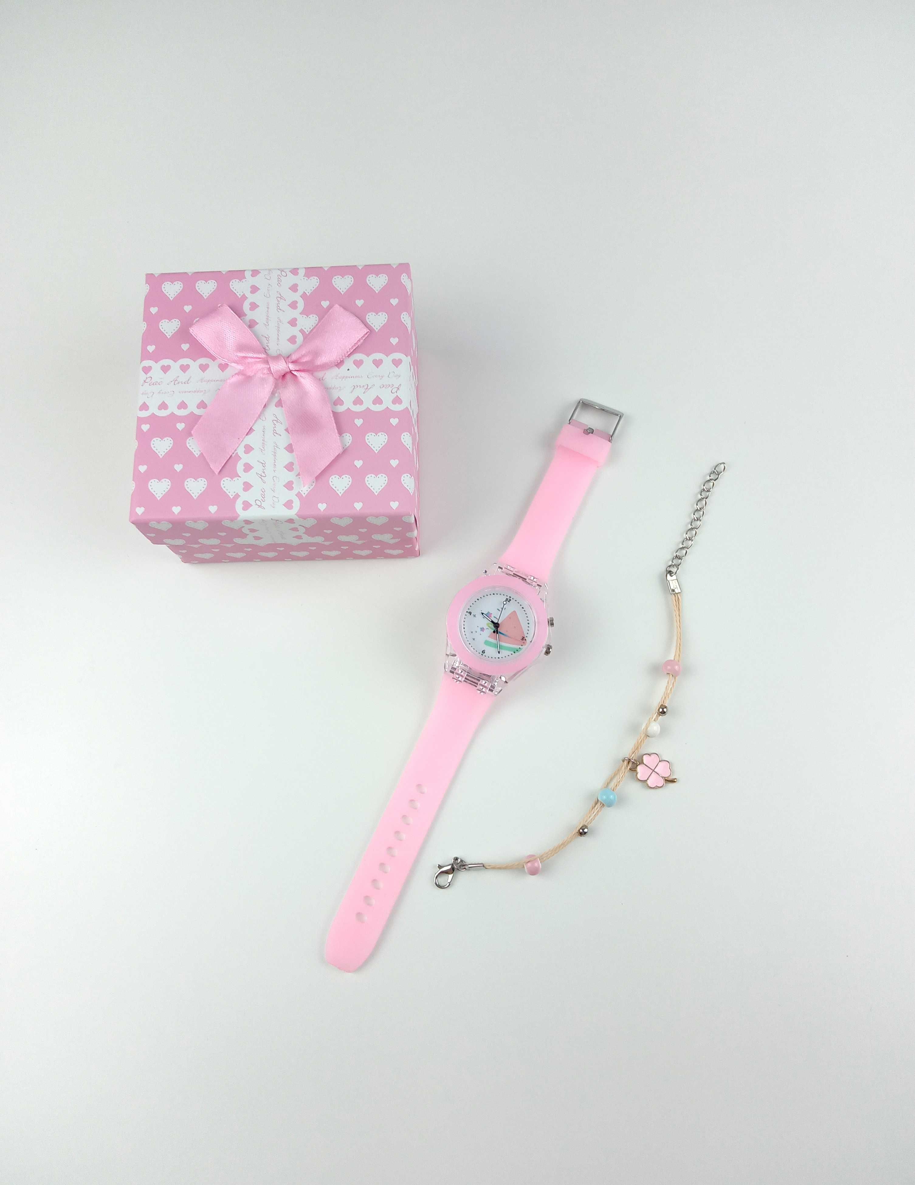 Nowy świecący różowy zegarek dziewczęcy LED + bransoletka na Prezent