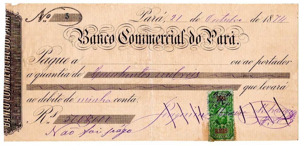 VERY RARE 'CARECA' Bank Check - Without Coverage - Brazil, 1874!!!64173591958658120