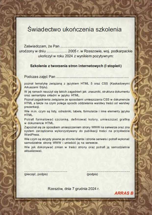 Szkolenie z tworzenia stron internetowych (I stopień)/ + j. angielski