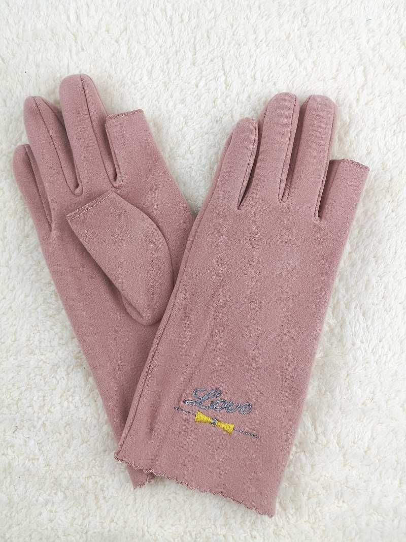 NOWE Różowe welurowe rękawiczki z haftem bez dwóch palców smartfon