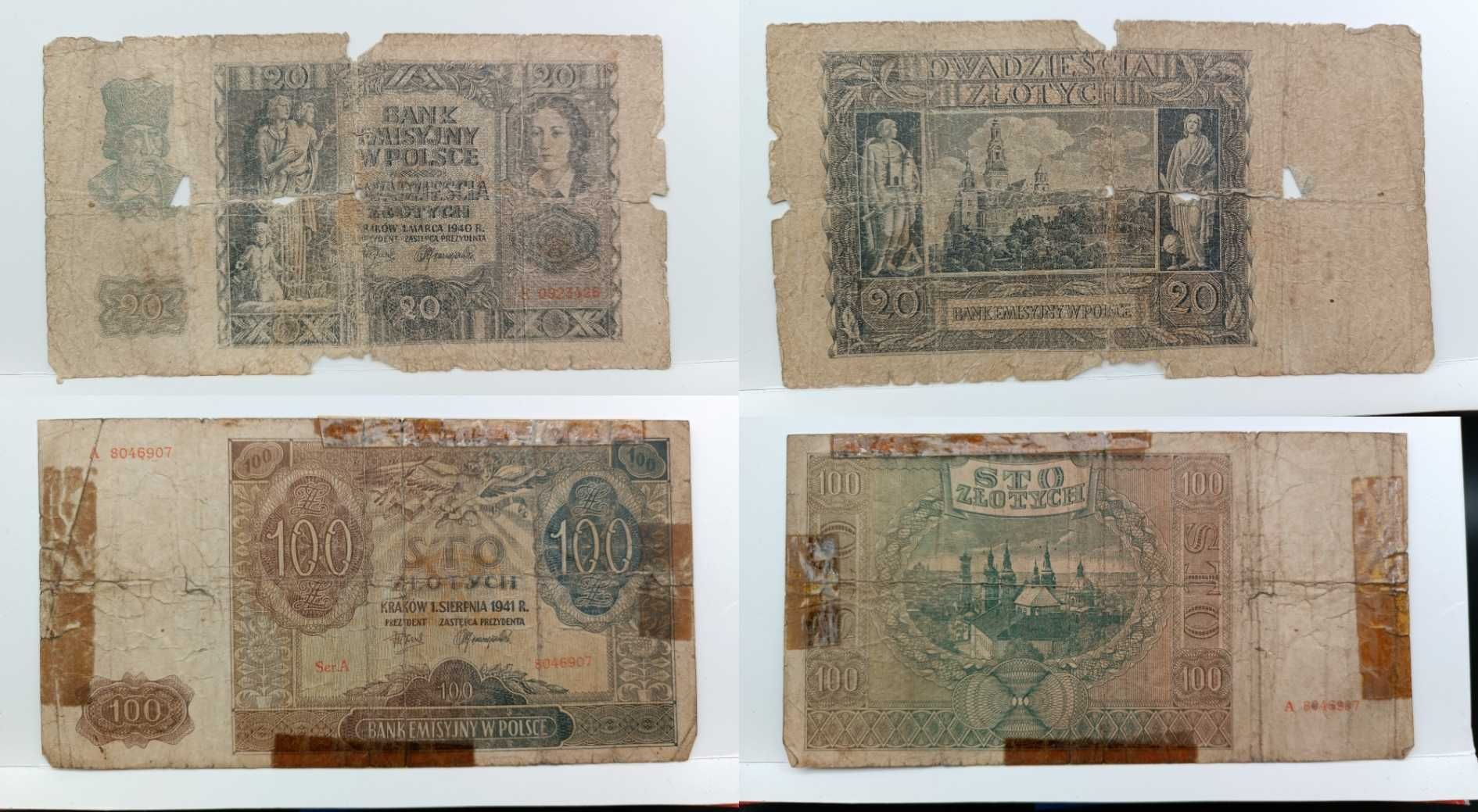 ZESTAW banknot 1, 2, 5 10 20, 50, 100 zł 1940 do 1941 r. różny stan