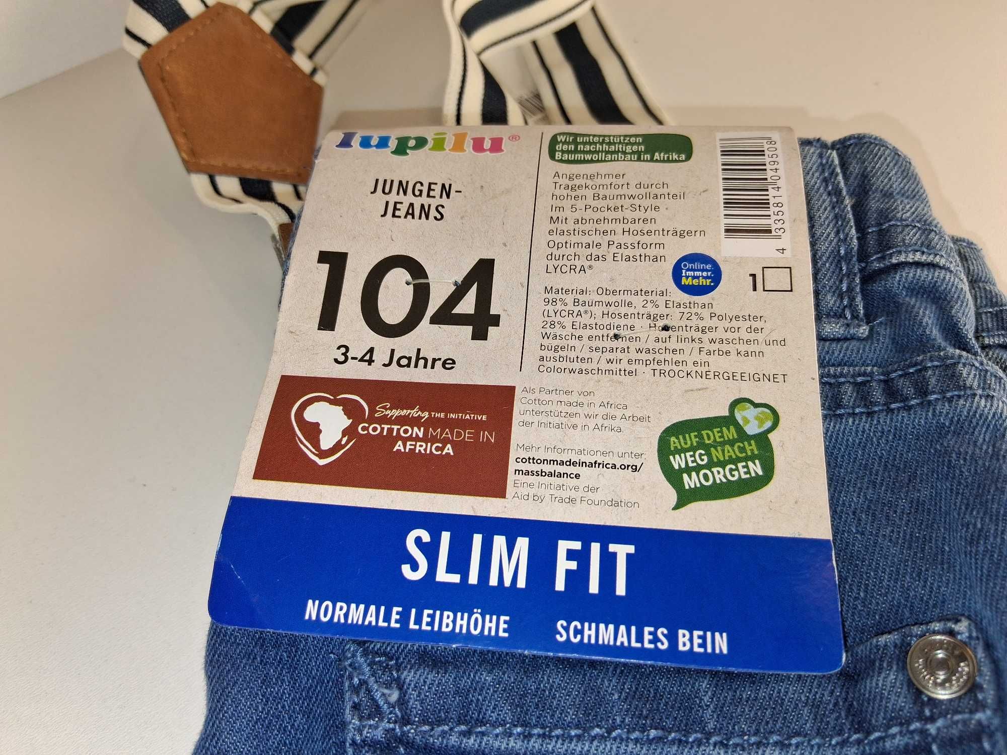 A096 Spodnie Jeansowe Slim Fit Lupilu z Szelkami Rozmiar 104 -3-4 Lata