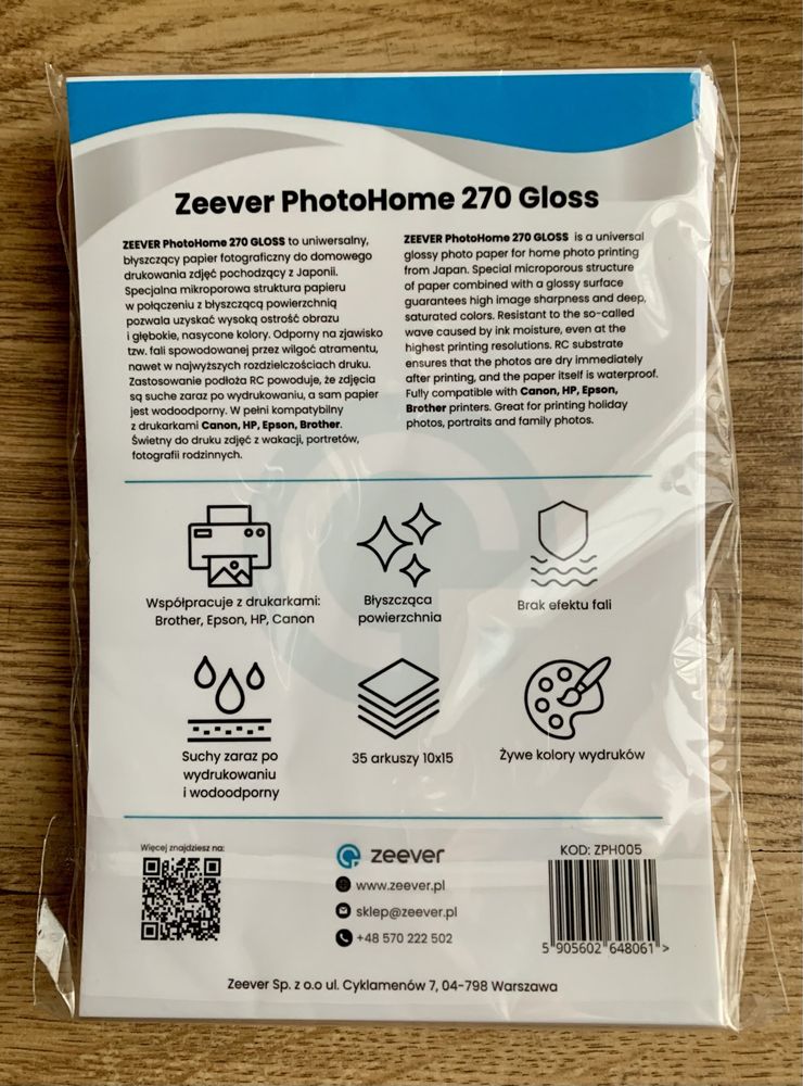 Papier foto do domowego druku zdjęć Zeever PhotoHome 270 gloss