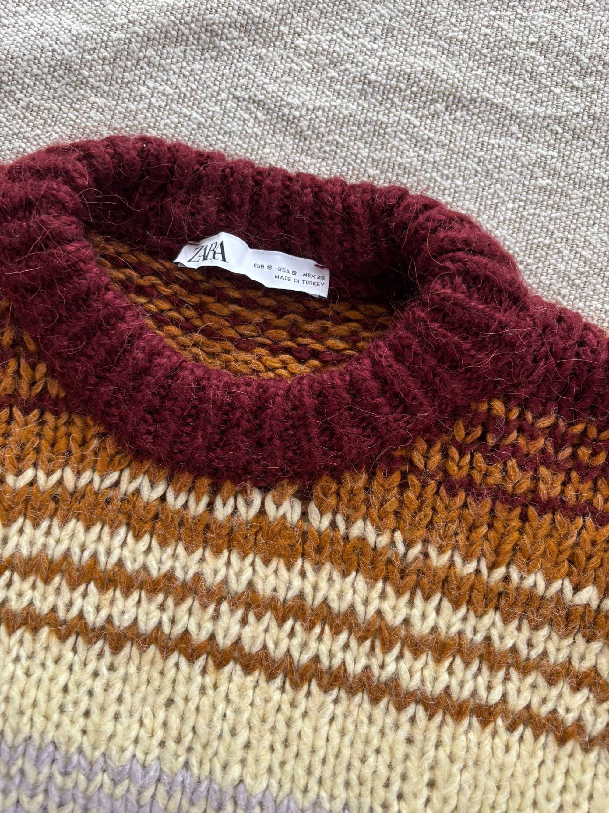 Sweter wełniany oversize Zara S bordowy paski