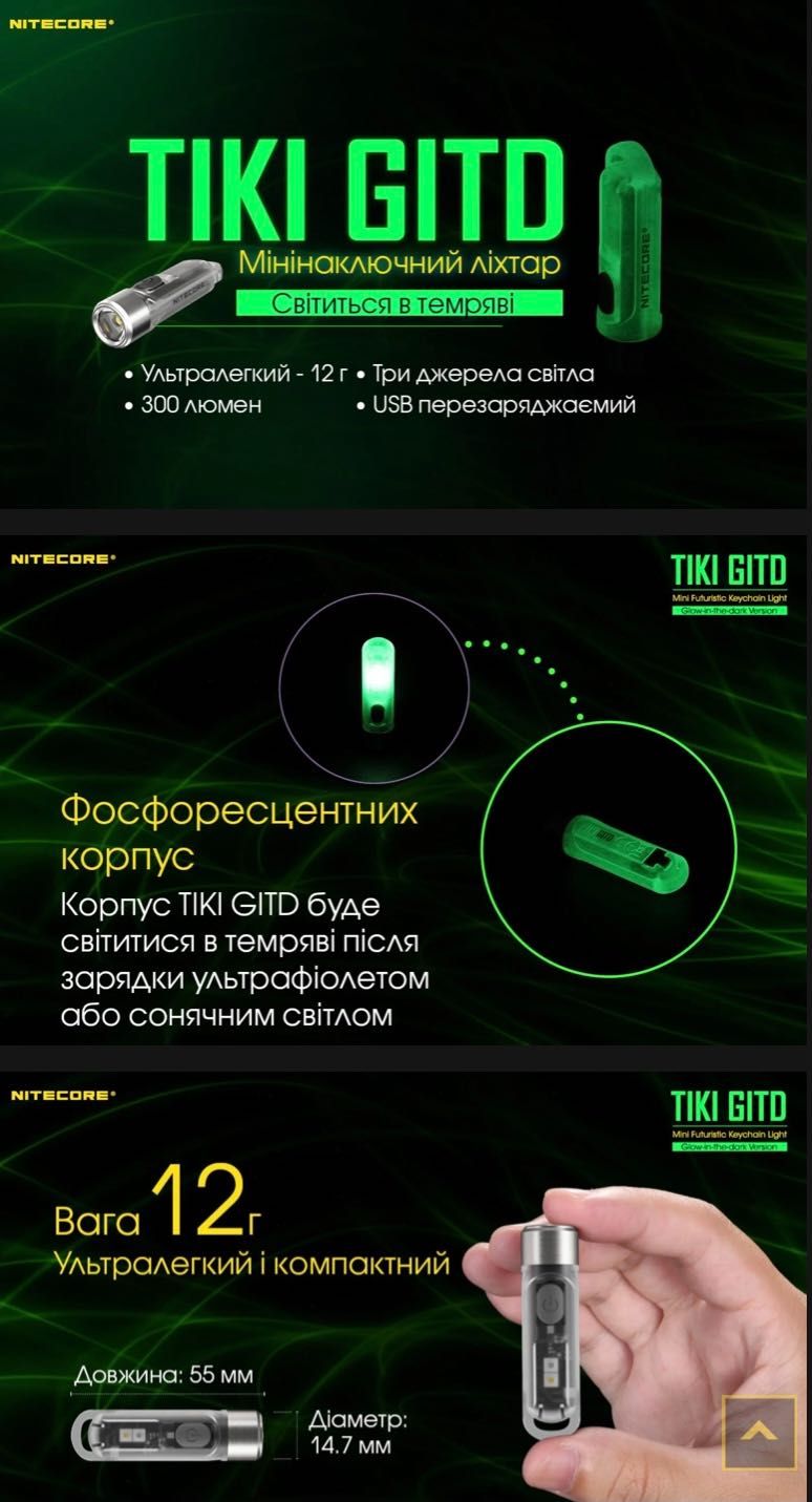 Nitecore TIKI GITD люмінесцентний з ультрафіолетом/потужний наключник