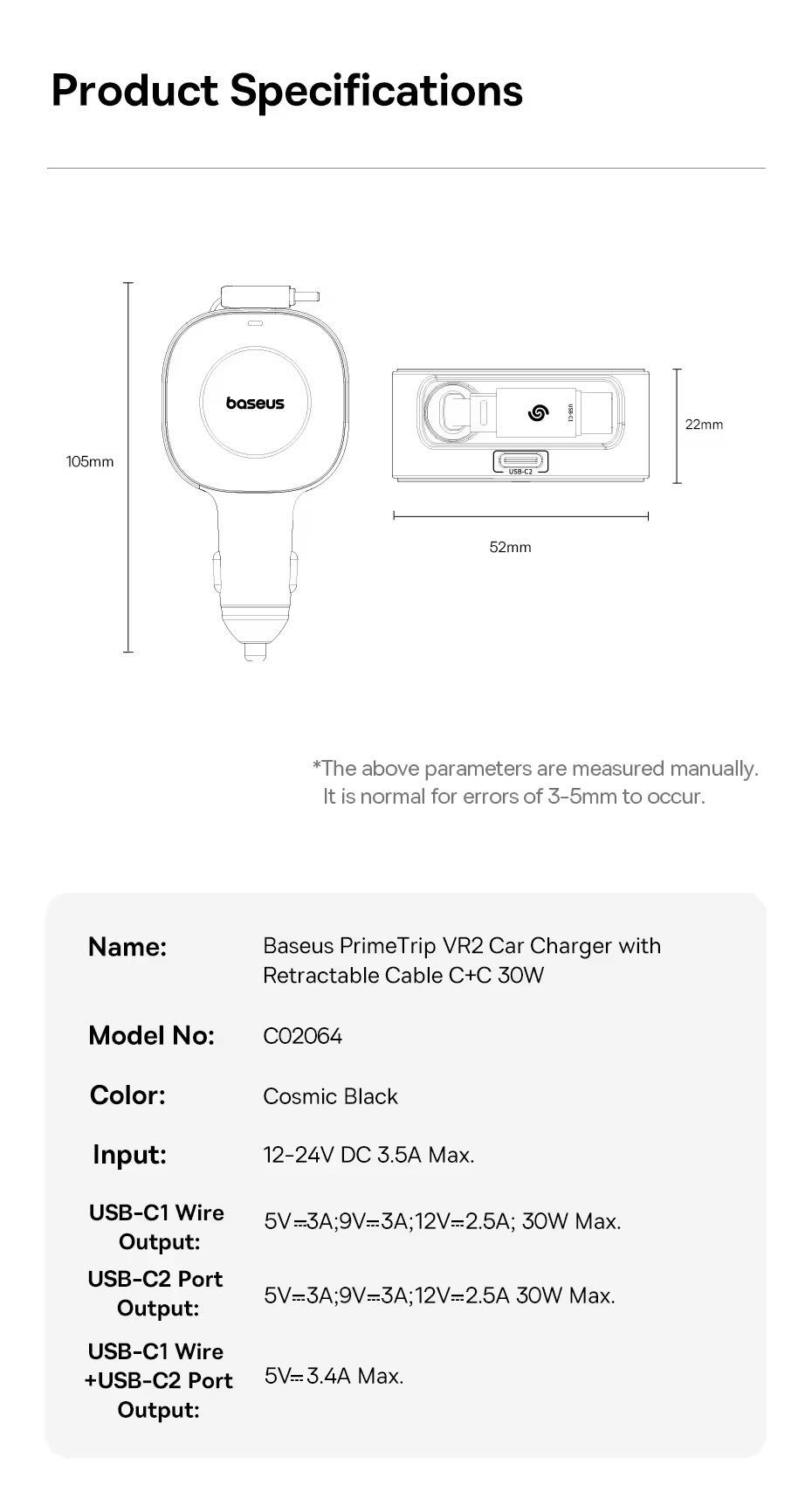 Baseus Szybka ładowarka samochodowa 30 W Wysuwany kabel C USB-C