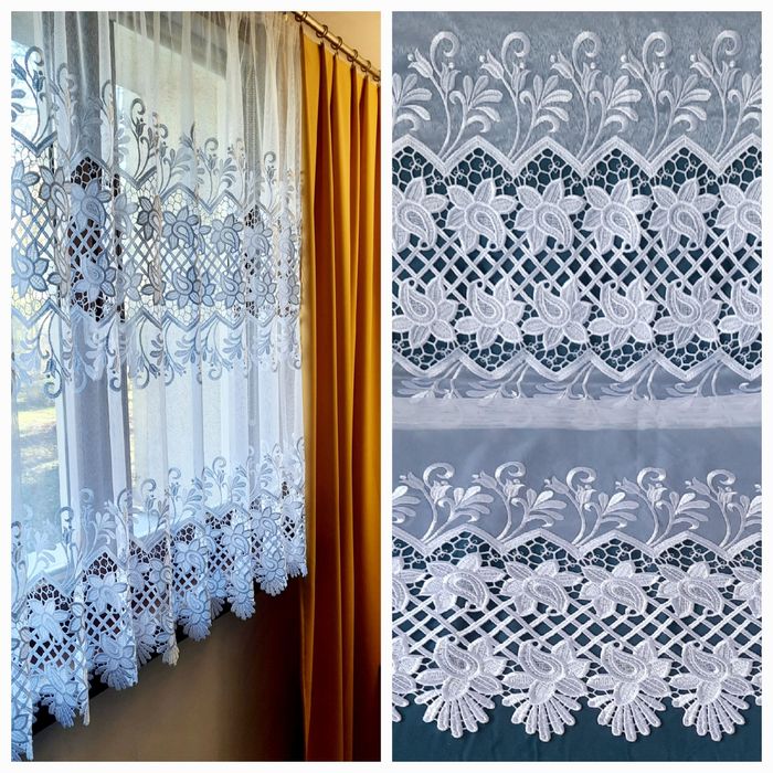 Piękna gotowa firana gipiura z dwoma szlakami na taśmie. Markizeta