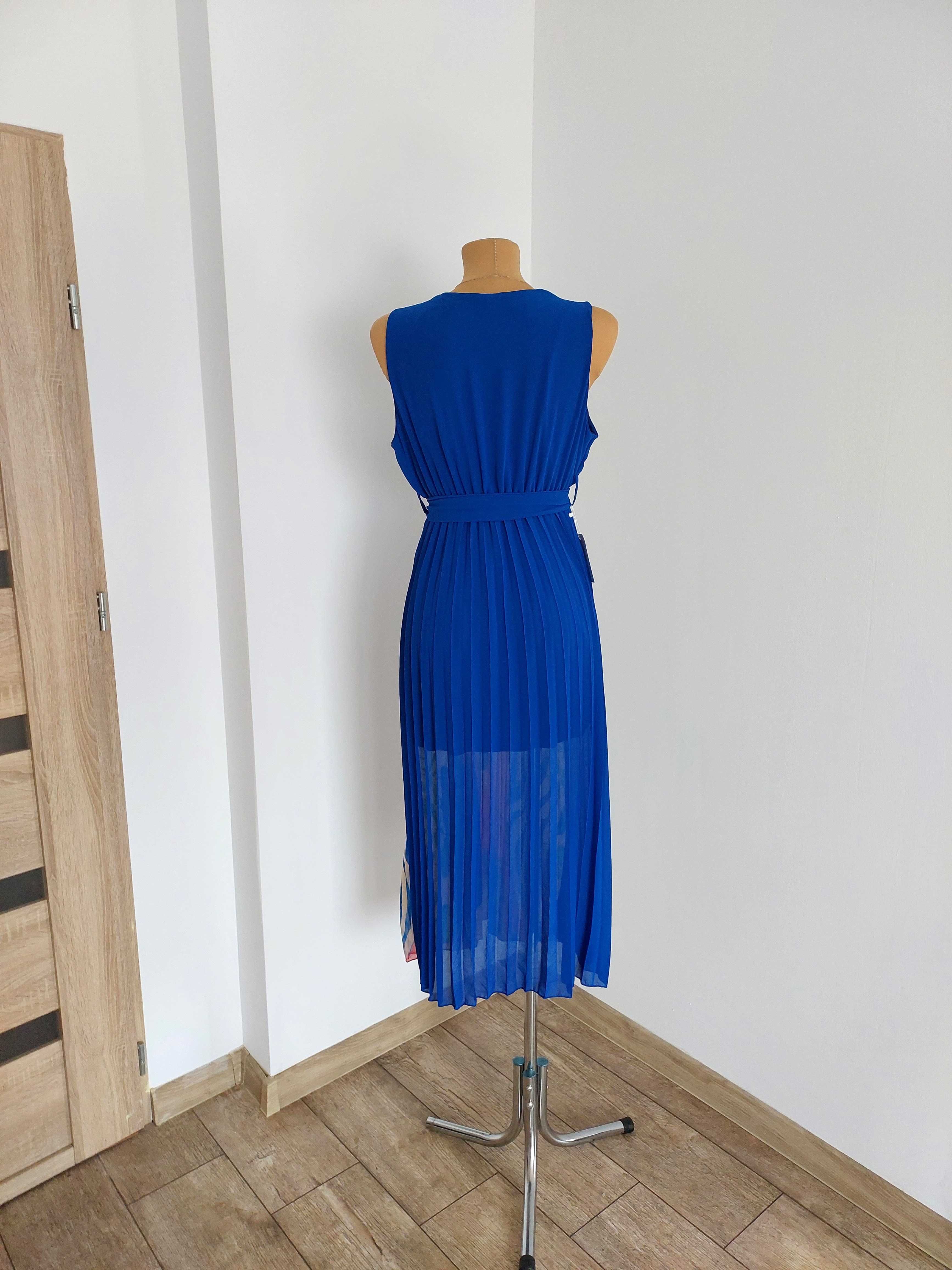 Elegancka Midi Wzorzysta Sukienka Z Paskiem Plisowany Dół Kobalt L 40