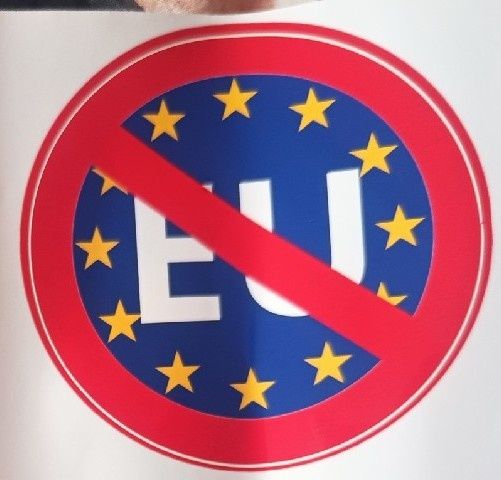 5 naklejek przekreślone logo EUROKOŁCHOZU 10 cm okrągła; ANTY EU