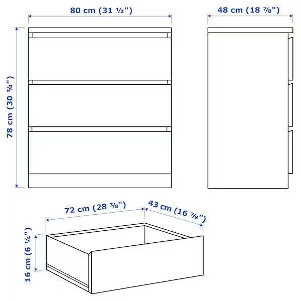 MALM Komoda, 3 szuflady, biały, 80x78 Ikea nowa w kartonach