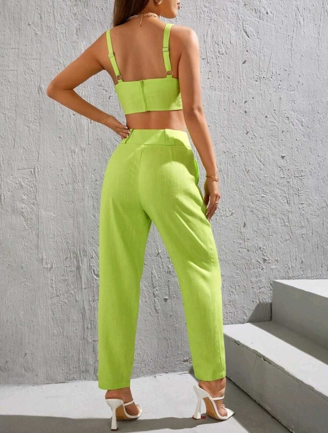 Nowy komplet damski limonkowy zielony zestaw crop top spodnie 34