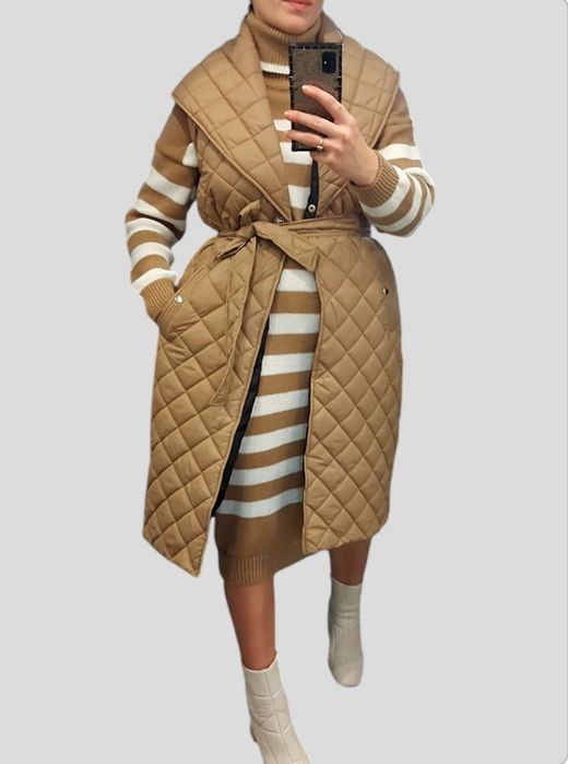 Długa włoska sukienka sweterkowa z golfem w paski Uni M L XL