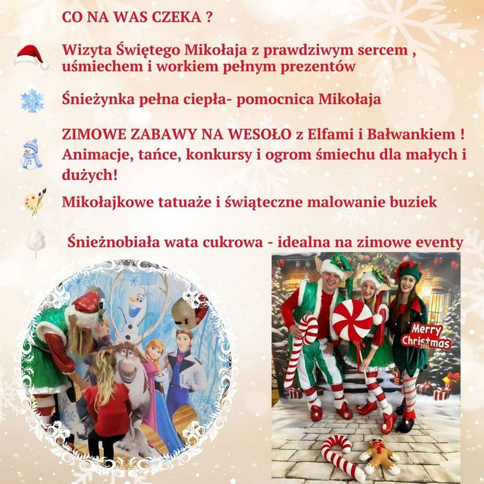 Mikołaj, Śnieżynka, Elfy, Warsztaty Wigilia, Halloween, Bal Karnawałow