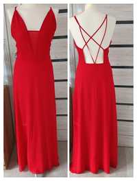 Długą czerwona sukienka maxi odkryte plecy S/M 36/38 elegancka