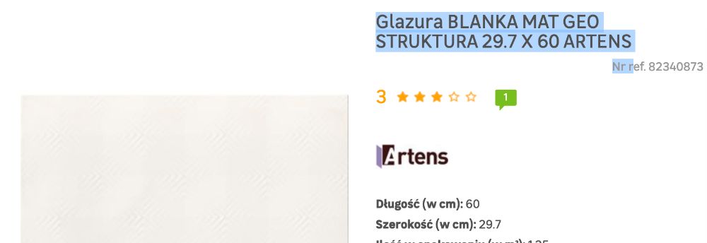 3 plytki Glazura BLANKA MAT geo STRUKTURA 29.7 X 60 ARTENS