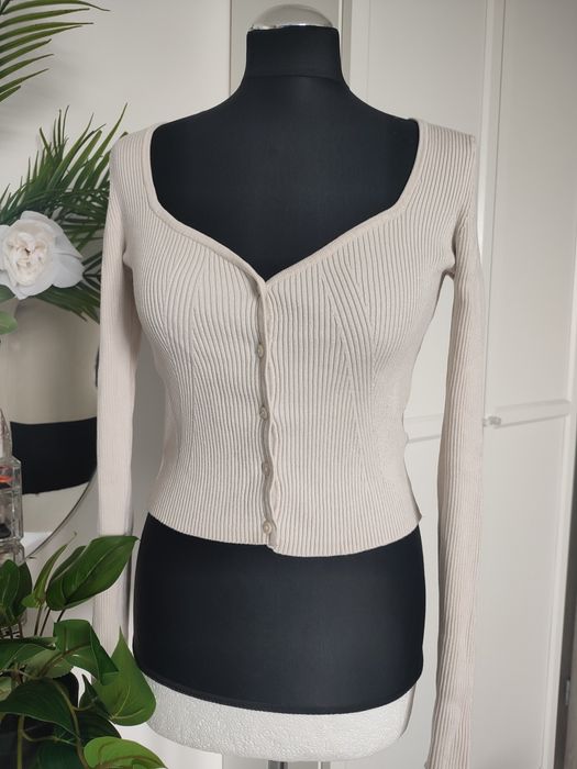 H&M sweterek jasny ecru beżowy damski dziewczęcy rozmiar 36 S zapinany