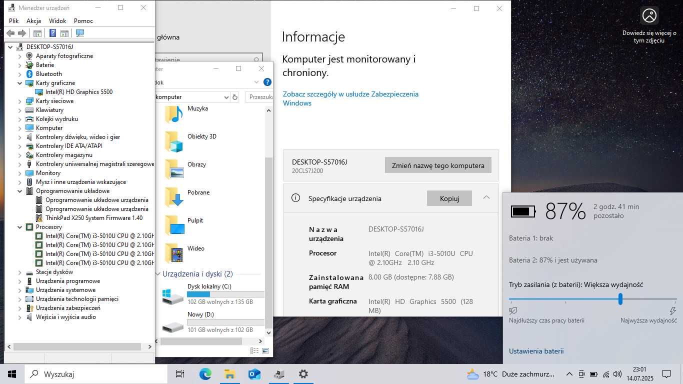 Lenovo X250, dysk SSD 240GB, Ram 8GB, i3-5010U, sprawny.