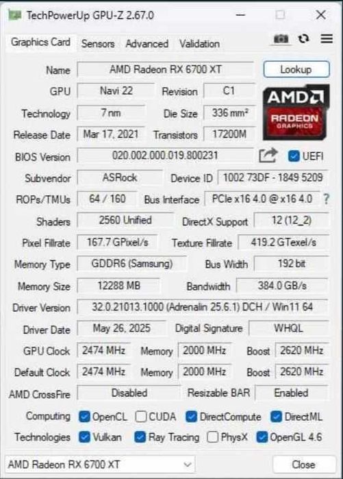 ASROCK Challenger Pro Radeon RX 6700 XT 12 GB OC Ww-a