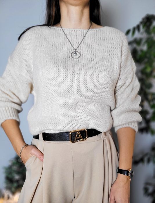 Nowy beżowy sweter damski z kokardkami z tyłu ciepły z domieszką wełny