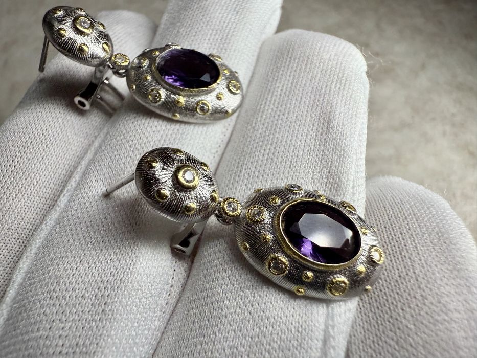 Срібні сережки 925-ї проби з аметистами та фіанітами