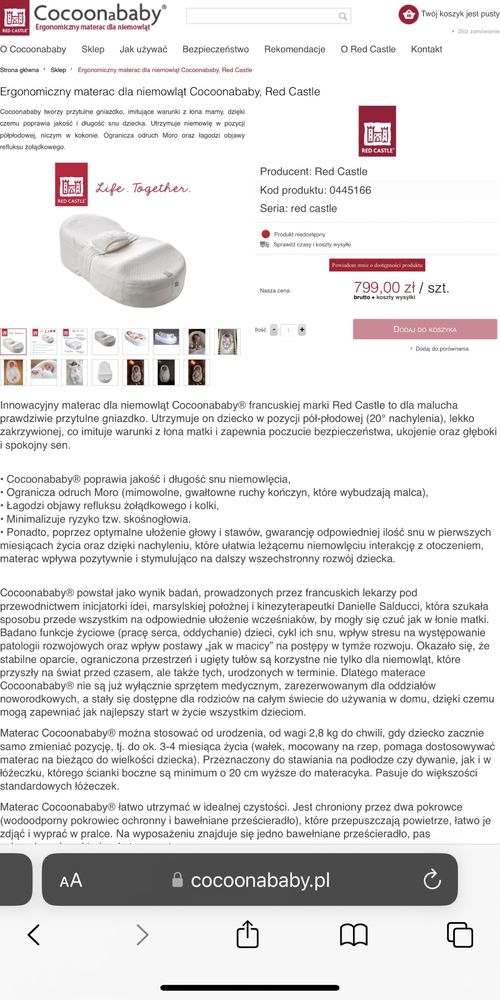 Ergonomiczny materac dla niemowląt Cocoonababy, Red Castle