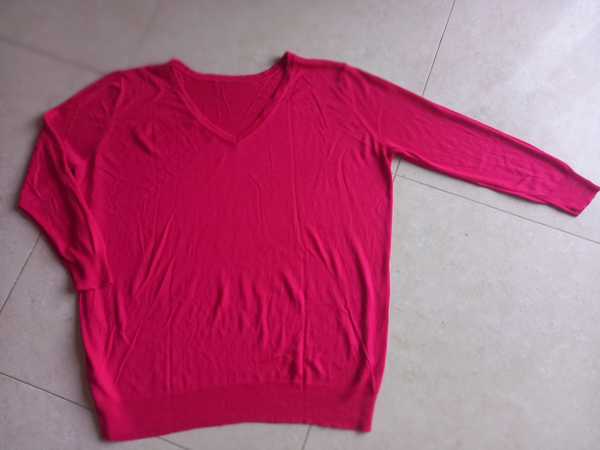Sweter cienki czerwony ZARA w serek XL XXL Nowy oversize
