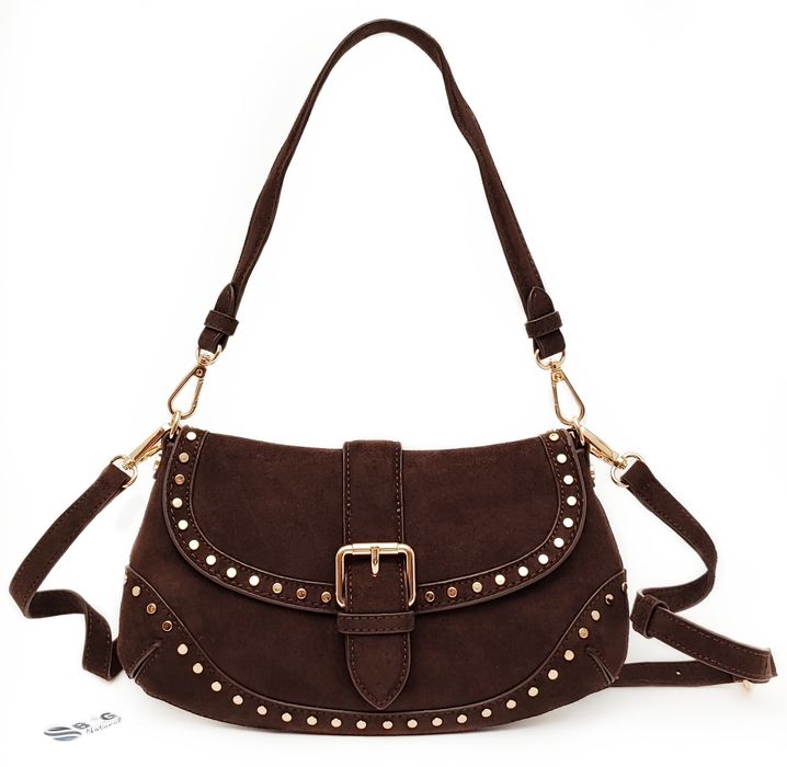 Torebka Flora & CO Paris Zamsz Brązowa Czekoladowa Ćwieki Listonoszka