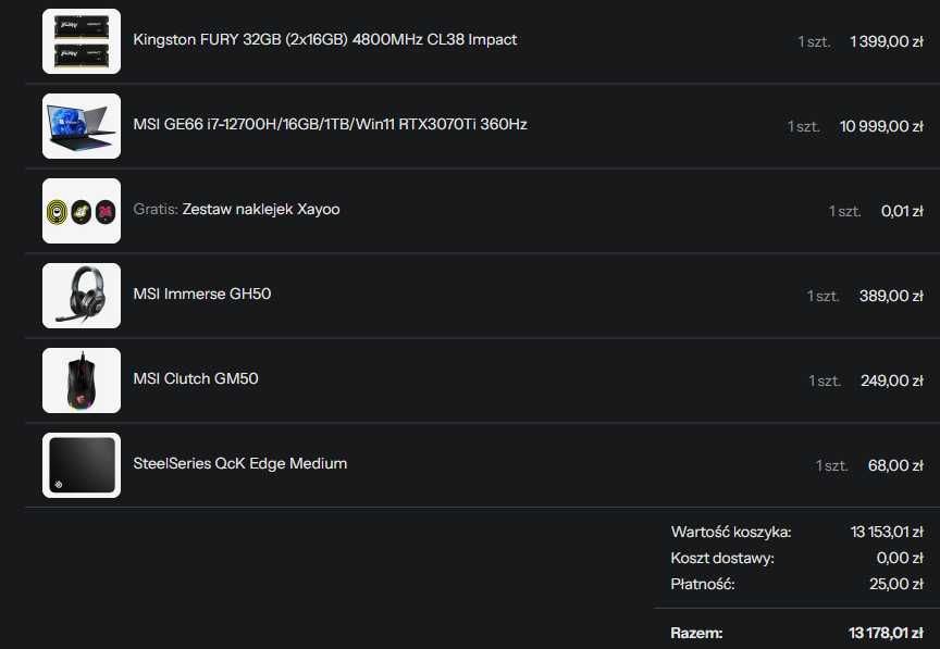 Zestaw laptop MSI GE66 i7-12700H/32GB/1TB/Win11 RTX3070Ti 360Hz 2022r.