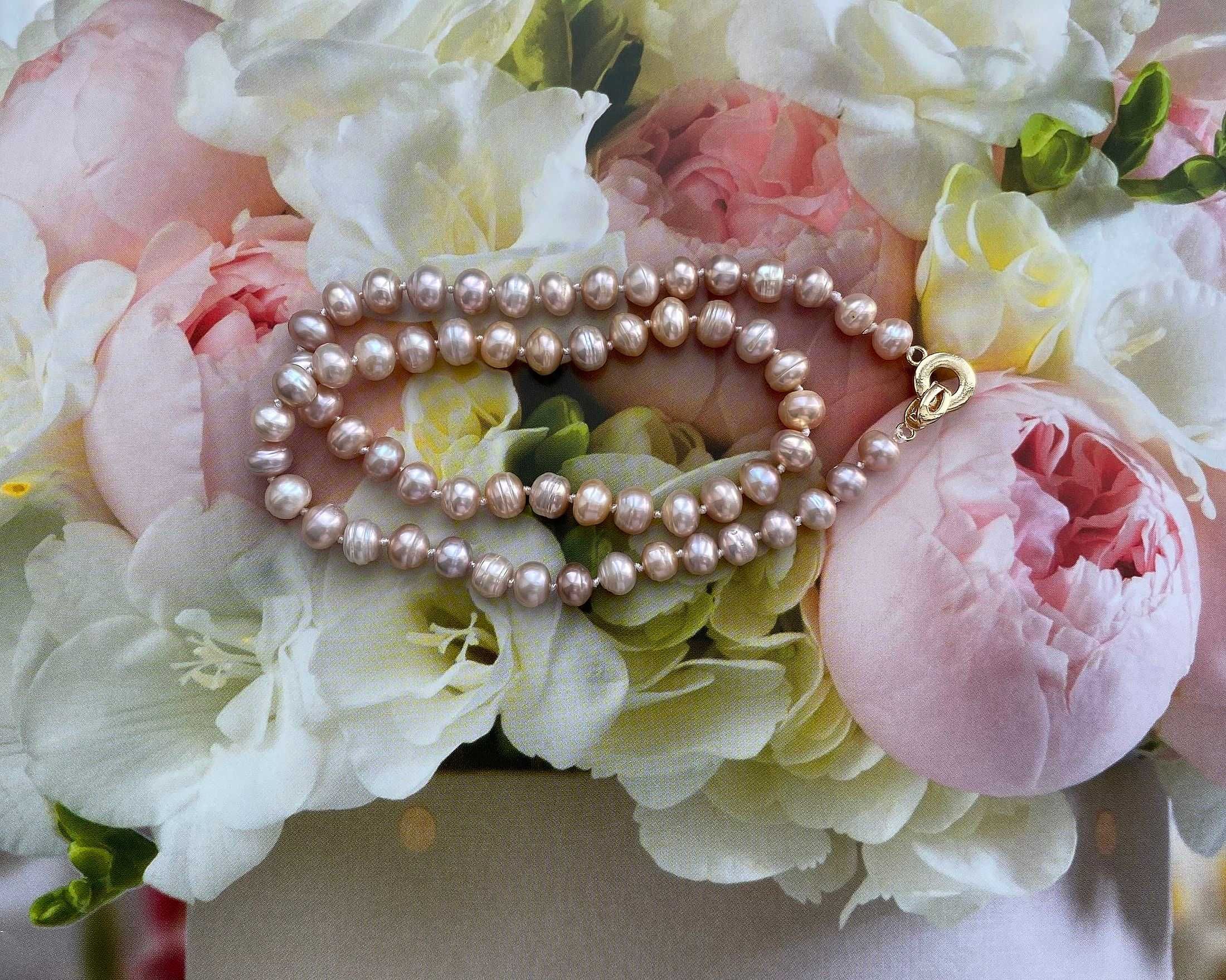 Рожево-бузкові натуральні перли для нареченої, 44 см