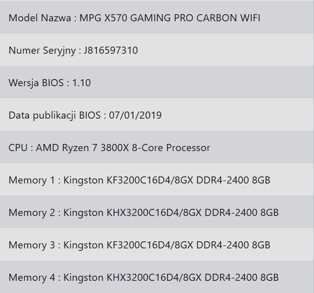 Zestaw MSI X570 Carbon Wifi/Ryzen7 3800x/32 GB DDR 4