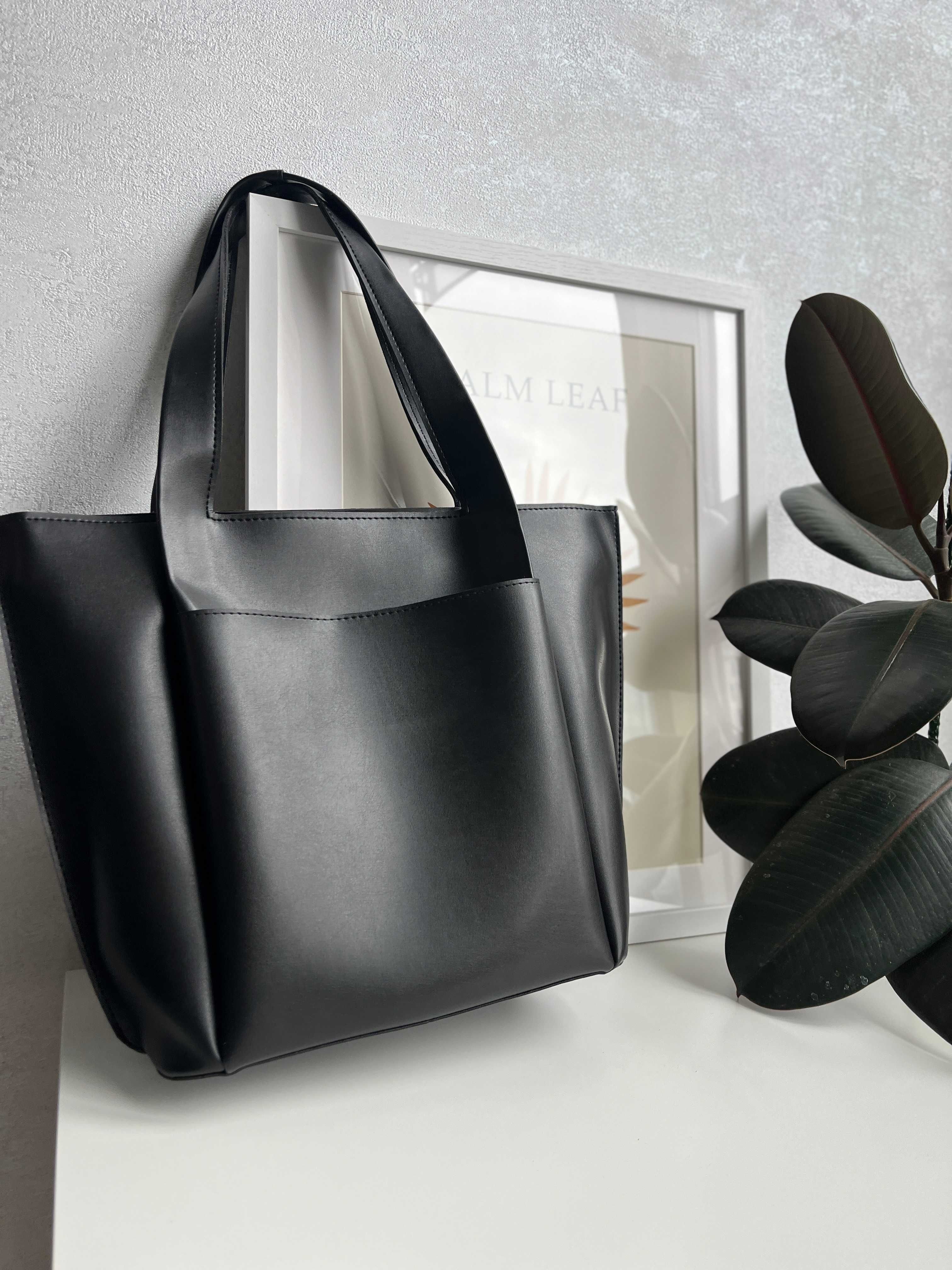 Місткий жіночий шопер сумка з еко-шкіри чорний та темно-коричневий