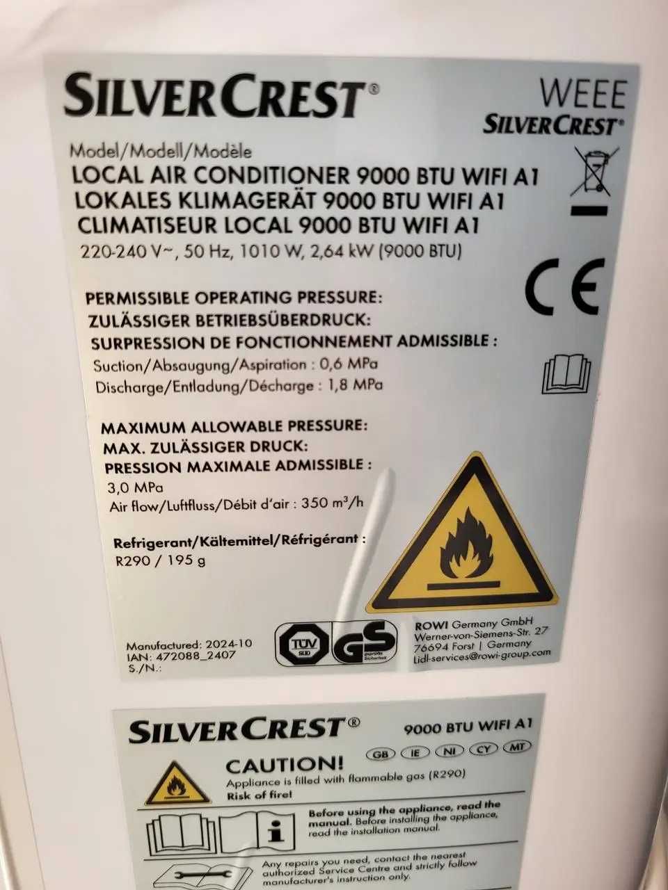Кондиционер SilverCrest 7000 BTU 45 м³ Германия, Напольный Охладитель