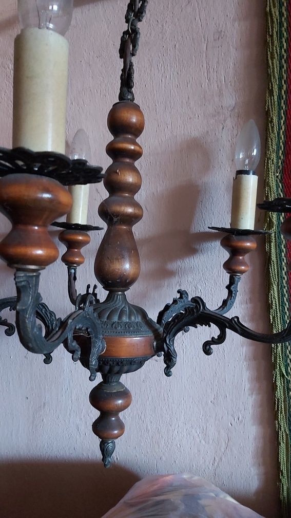 Żyrandol prl 5 ramienny i klinkiet drewniano metalowy, lampa wisząca