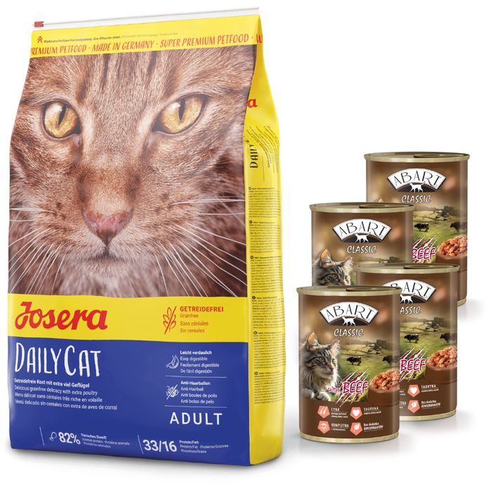 JOSERA DailyCat 10kg + 4x Abart puszka dla kota z wołowina 415g