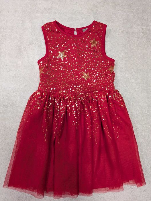 Czerwona świąteczna tiulowa sukienka w gwiazdki cekiny 128 jak nowa