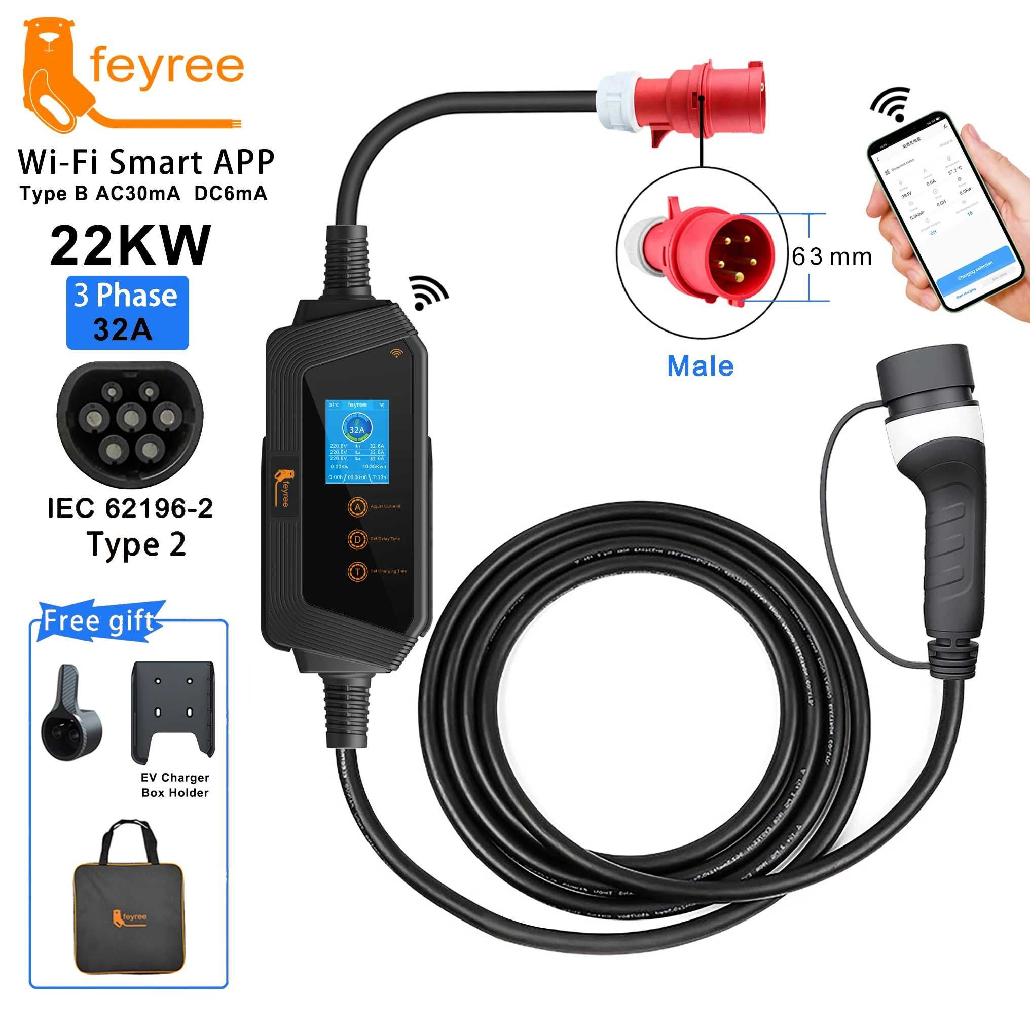 Зарядка для електромобіля FEYREE 22 кВт 32A 3-фазне Type2 / Wi-Fi