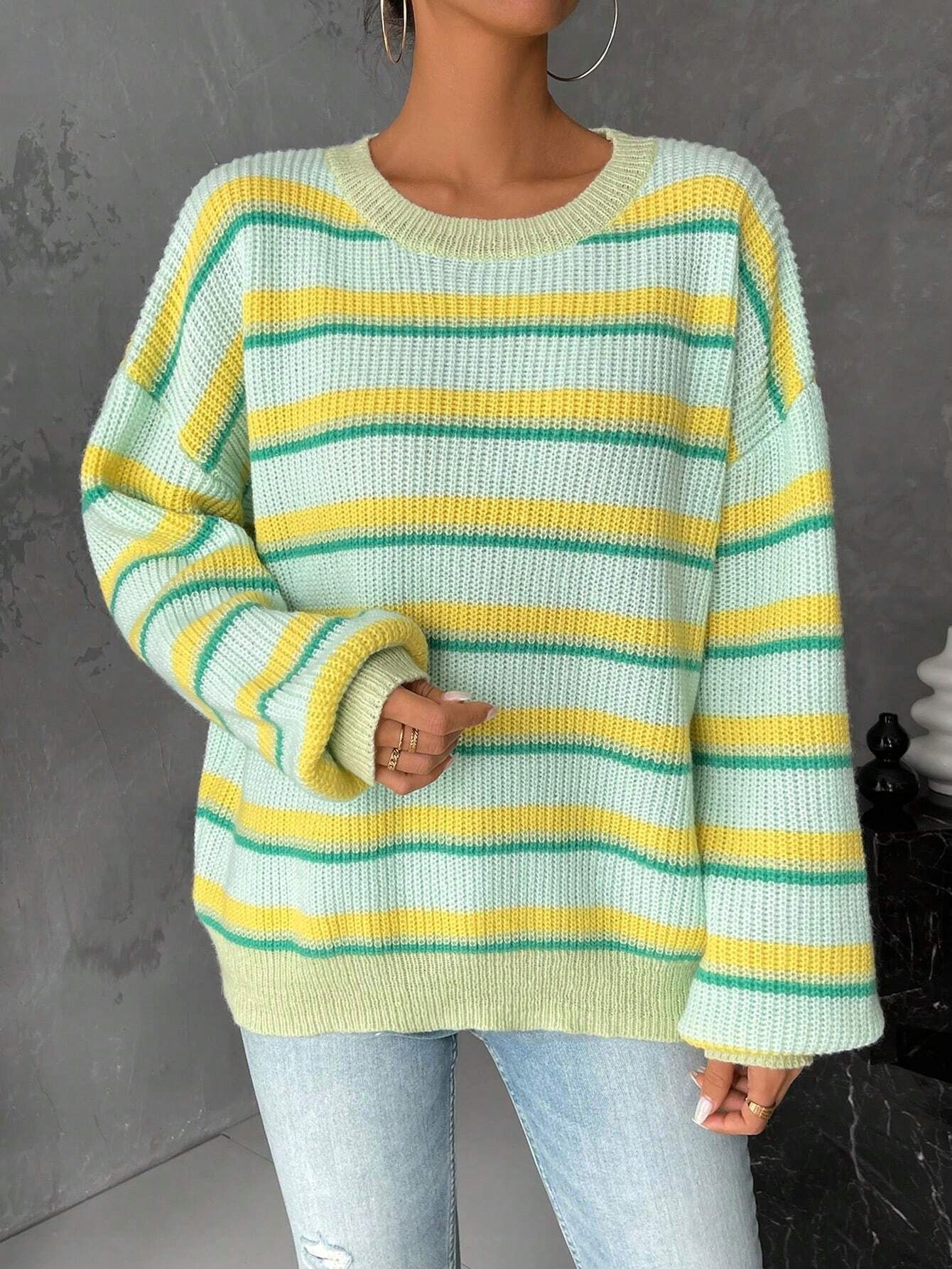 Sweter Dzianinowy Luźny W Paski Kolorowy Casual Shein L 40
