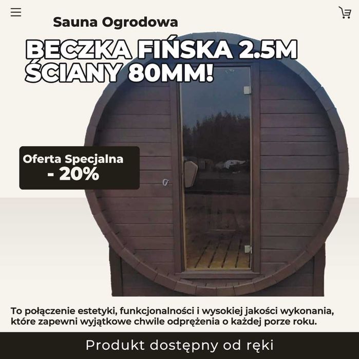 Sauna Ogrodowa Beczka Fińska 2.5m Balik 8cm! Piec Elektryczny