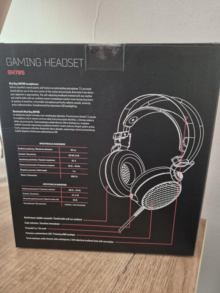 Słuchawki MadDog GamingSet GH705 7.1 Surround Mikrofon USB LED Czarne