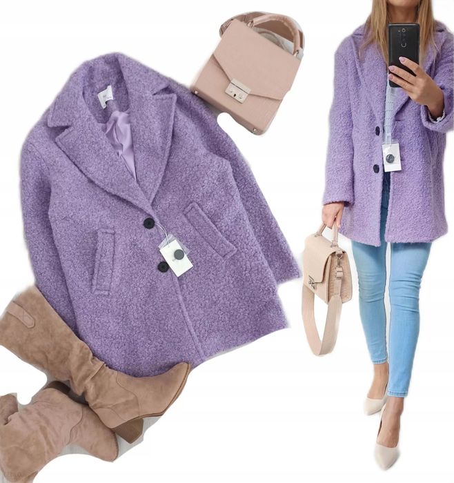 Bershka s 36 płaszcz Teddy bear boucle fioletowy