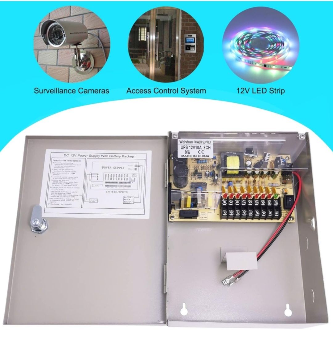 Skrzynka zasilacz z baterią zapasową UPS do kamery CCTV 12V 10A 9wyjść