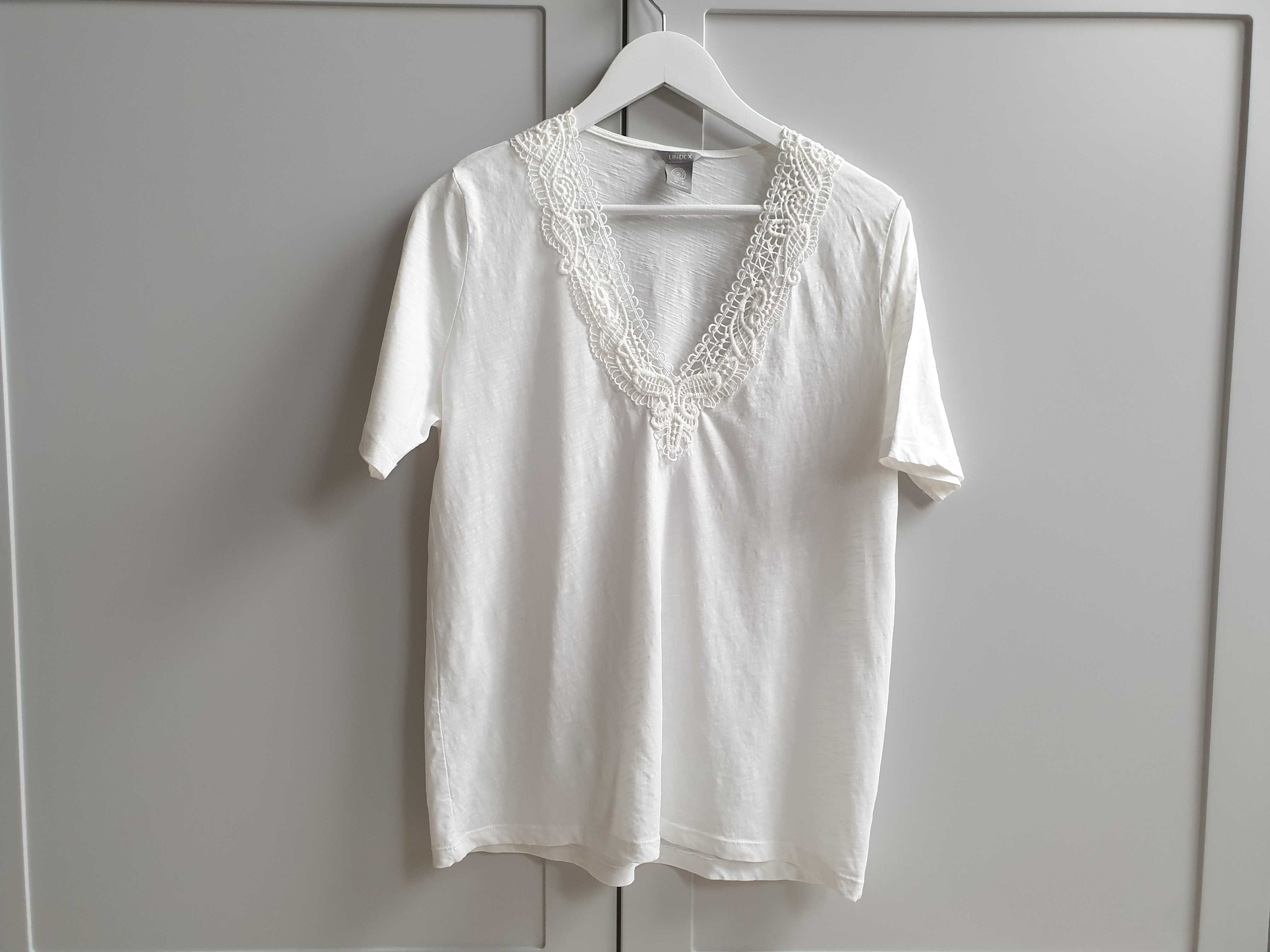 Biała bluzka koszulka t-shirt w serek koronkowa Lindex 38 40